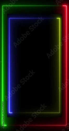 Multicolor Neon Frame with Glowing RGB Border on Black Background, Futuristic Digital Light Rectangle for Technology, Gaming, Streaming and Motion Graphics