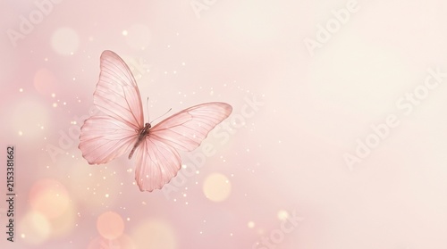 Elegant soft pink butterfly with glowing bokeh lights background.