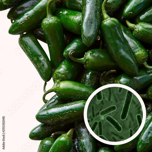 Pile of fresh jalapeno peppers with magnified bacteria concept, illustrating Salmonella outbreak, contaminated produce, food recall, foodborne disease and consumer safety