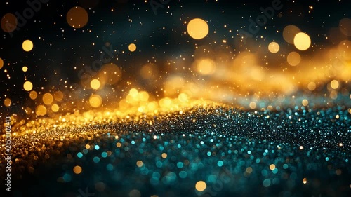 Magical golden and teal shimmering particles bokeh background perfect for fairytale stories and luxury brands.