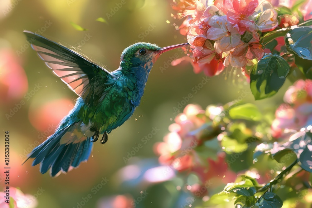 Naklejka premium Macro-style hummingbird portrait with blooming flowers, natural light and delicate brushwork