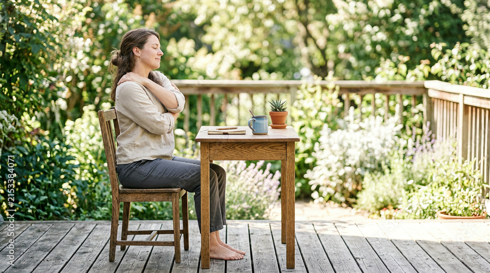 Fototapeta premium Woman in a beige sweater doing a shoulder shrug exercise at an outdoor table