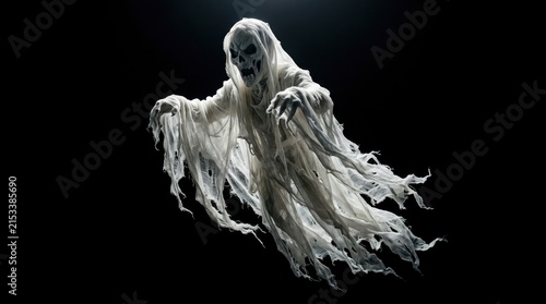 Spooky white ghost with skull face floating against black background for Halloween