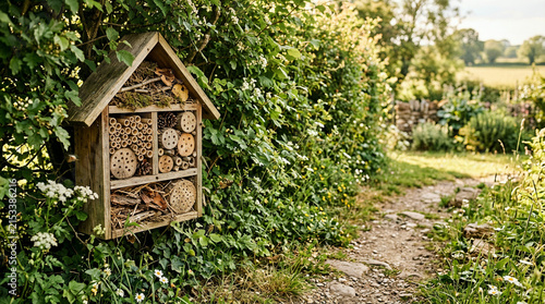 Wooden insect hotel mounted on a hedge beside a warm stone garden path