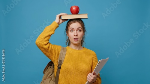 Surprised young female student balancing a red apple on a book on her head education concept