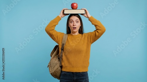 Surprised student with backpack balancing a book and an apple on her head