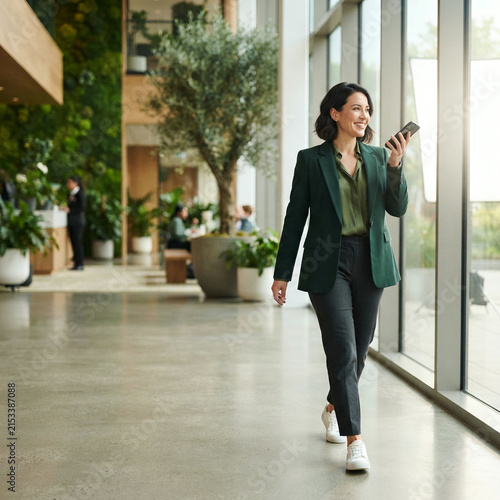 Businesswoman walking and talking on a smartphone in a green modern lobby