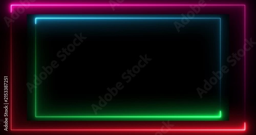 Neon Double Frame Border with Glowing Red Green Blue and Pink Lights on Black Background, Futuristic Rectangle Outline for Gaming Technology and Digital Design