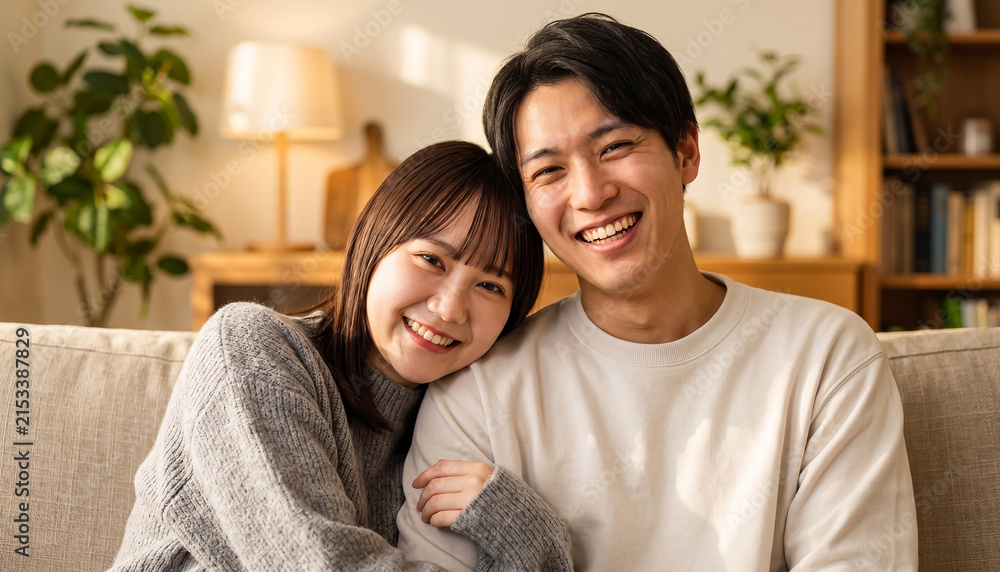 Fototapeta premium Smiling young Japanese couple relaxing together on a cozy living room sofa at home, happy lifestyle and relationship concept