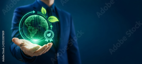 Businessman Hand Holding Glowing Green Globe with Leaves for ESG Environmental Sustainability Concept