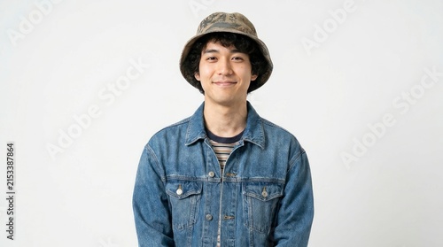 Young man wearing denim jacket and bucket hat smiling portrait