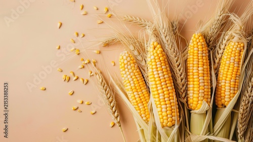 Fresh corn cobs and wheat creating harvest background