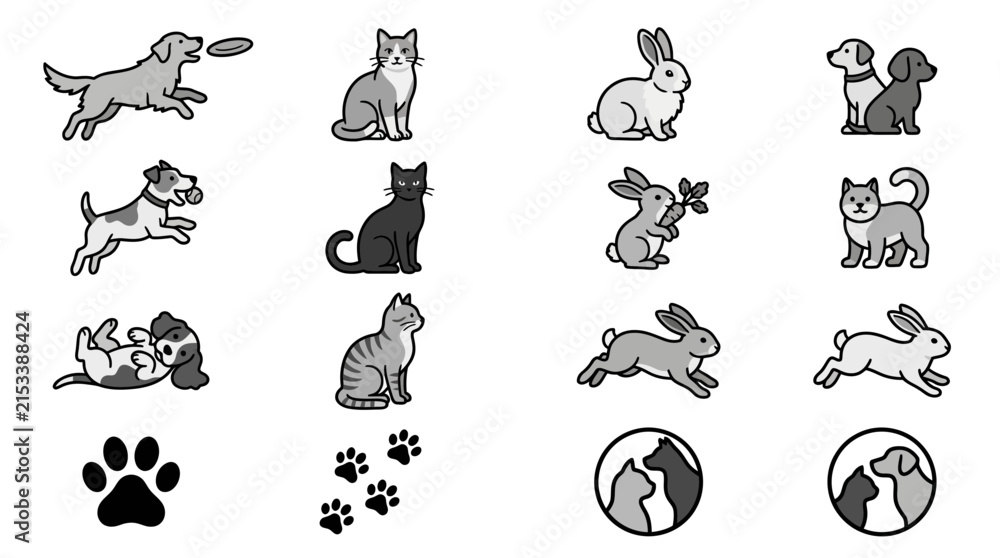 Obraz premium Active pet animals and animal care icons.
