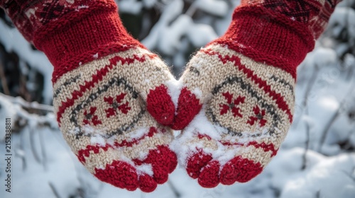 Hands in Nordic Patterned Woolen Mittens Holding Fresh Snow