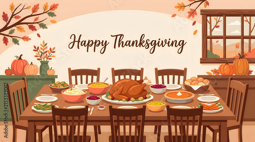 Happy Thanksgiving illustration. Vector holiday dining setup. Festive autumn feast. Gratitude celebration design thanksgiving