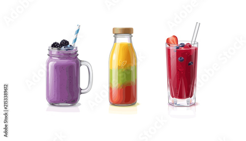Fruit Smoothie Mockup Set 3D Realistic Vector Collection of Healthy Berry Beverages