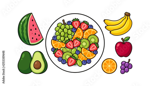 Fruit Salad Plate Set Flat Vector Cartoon Collection of Fresh Organic Fruit Elements
