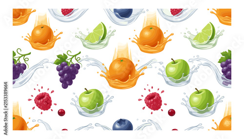 Fruit Seamless Pattern 3D Realistic Vector Background of Tropical Fruits in Juice Splash