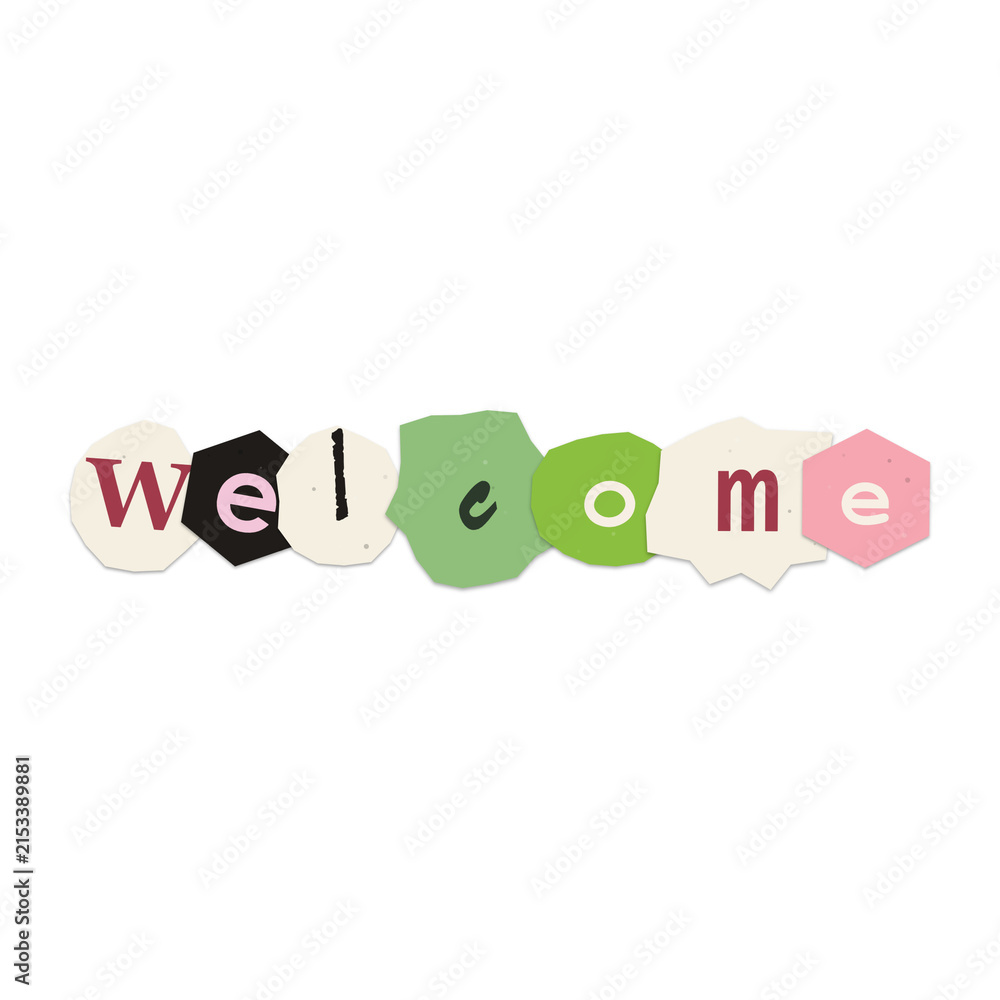 Fototapeta premium A colorful word welcome created from cut out paper letters and shapes isolated on transparent background