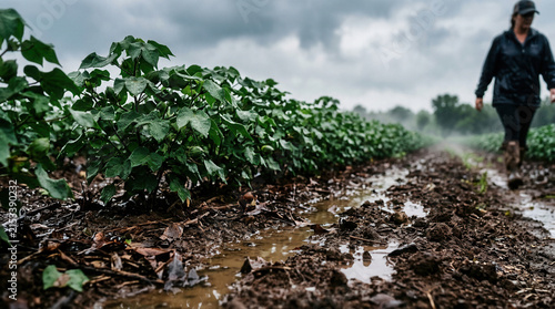 Detailed view of a sustainable cotton farm featuring a worker surrounded by organic cotton plants under a cloudy sky