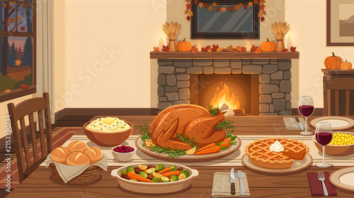 Thanksgiving dinner illustration, roasted turkey with all the trimmings, cozy fireplace background, festive autumn feast, holiday family dinner thanksgiving
