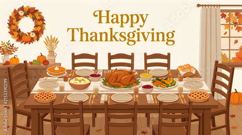 Thanksgiving Dinner Vector Illustration, Festive Holiday Meal with Turkey and Pie, Wooden Table Setting with Autumn Decorations, Happy Thanksgiving Typography, Greeting Card Design thanksgiving
