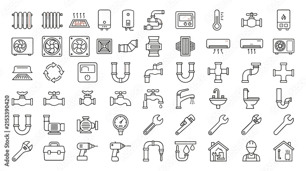 Fototapeta premium HVAC Plumbing and Home Heating Line Icon Set with Ventilation Air Conditioning Pipe Repair Tools and Climate Control System Symbols