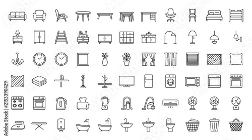 ome Furniture and Household Appliances Line Icon Set with Interior Decor Items Kitchen Electronics Living Room and Bathroom Utilities Symbols.