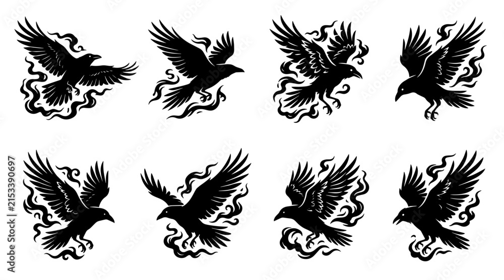 Naklejka premium Raven silhouette icon set. Flying crow vector graphics with mystical smoke elements.