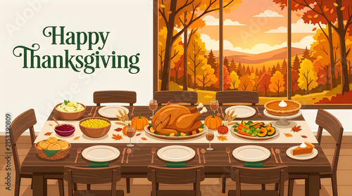 Happy Thanksgiving illustration, autumn dinner with cake, feast, family meal inside house by window thanksgiving