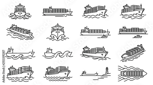 Container ship and maritime logistics outline icon set.