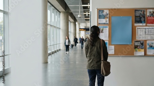 Woman observing information posted on cork bulletin board within spacious modern public hallway transit terminal with examining various notices pinned cork board bright bright minimalist corridor