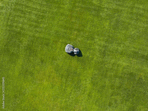 Aerial top-down view of an automated robotic lawn mower cutting vibrant green grass (Poa pratensis) lawn on a sunny day, illustrating smart home technology and garden maintenance.