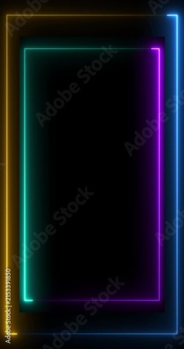 Vertical Neon Frame Border with Glowing Cyan Purple and Blue Lights on Black Background, Futuristic Rectangle Outline for Technology, Gaming and Digital Design