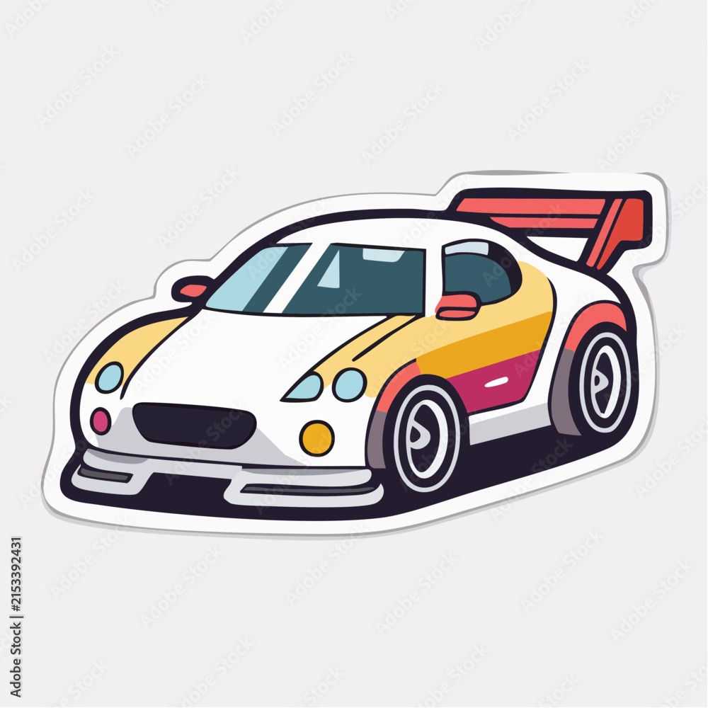 Fototapeta premium Modern white and orange sport racing car sticker vector illustration with spoiler, isolated on a light background, perfect for speed, automotive, and youth culture themes and dynamic designs.