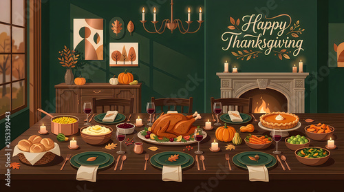 Happy Thanksgiving dinner illustration, festive dining table with cooked turkey, autumn food, cozy fireplace interior, holiday greeting card background with text thanksgiving