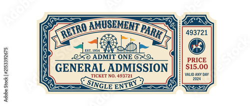 Retro Amusement Park Ticket, General Admission, Vintage Style