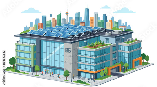 Modern Eco Building with Solar Panels and Green Roof, City Skyline