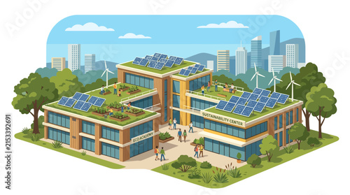 Sustainable Eco Campus with Green Roofs, Solar Panels, and Wind Turbines