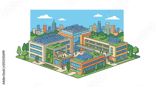 Sustainable City Buildings with Green Roofs and Solar Panels