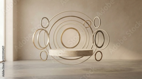 Minimalist Floating Stone Podium with Gold Concentric Rings for Luxury Cosmetic Product Display 3D