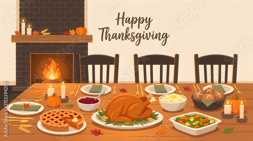 Friends enjoying Thanksgiving dinner together at home, autumn seasonal holiday celebration illustration, eating turkey and pie by window thanksgiving