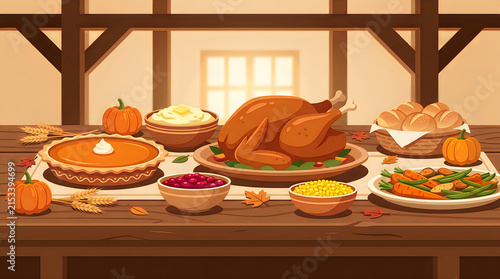 Friends enjoying Thanksgiving dinner together at home, autumn seasonal holiday celebration illustration, eating turkey and pie by window thanksgiving