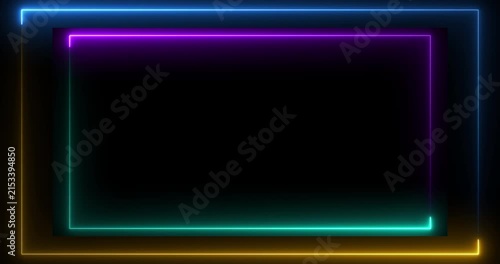 Neon Frame Border with Glowing Cyan Purple and Blue Lights on Black Background, Futuristic Rectangle Outline for Technology, Gaming and Digital Design