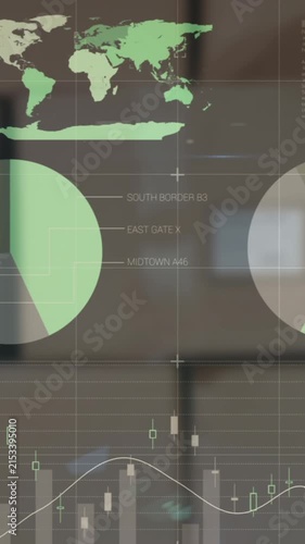 Animation of financial data and graphs over packages in warehouse