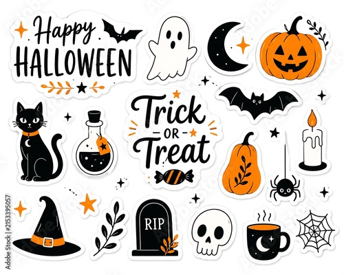 Minimal Halloween Sticker Collection with Pumpkin, Ghost, Black Cat, Witch Hat and Spooky Icons