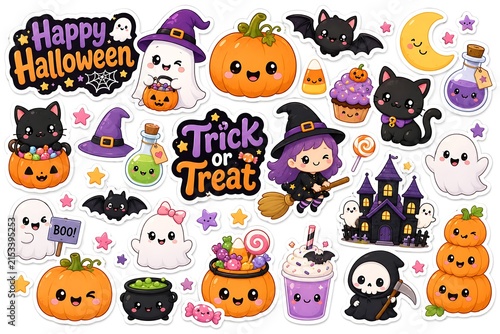 Cute Halloween Sticker Bundle with Ghost, Witch, Pumpkin, Black Cat, Candy and Potion