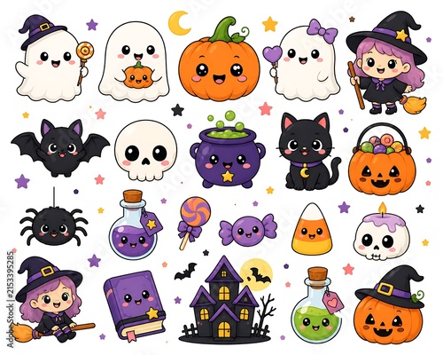 Kawaii Halloween Sticker Bundle with Cute Ghost, Witch, Pumpkin, Bat, Cat and Candy