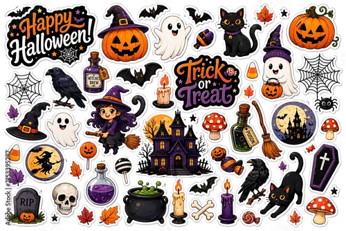 Spooky Halloween Sticker Collection with Witch, Ghost, Black Cat, Raven and Haunted House