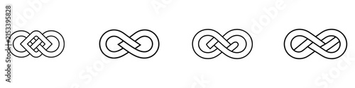 Infinity knot logo icon set with simple black and white emblem, tightly woven symbol for modern branding.